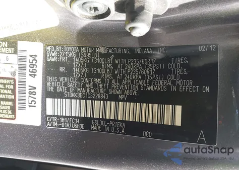 2012 Toyota Sienna Le из США, поврежденный, VIN 5TDKK3DC1CS228843